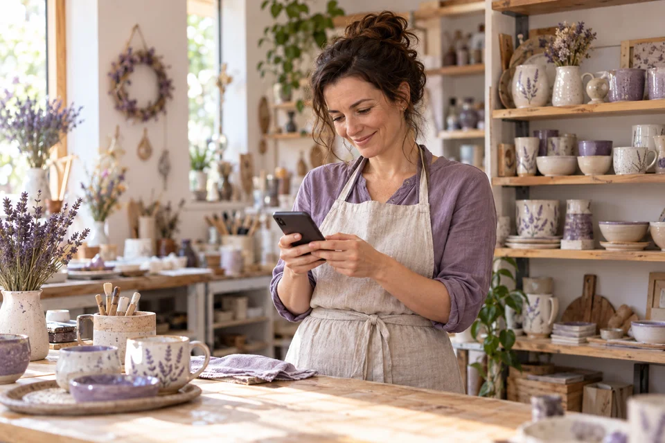 Mosolygó keramikus vállalkozó telefonon készíti elő a tartalmát a műhelyében